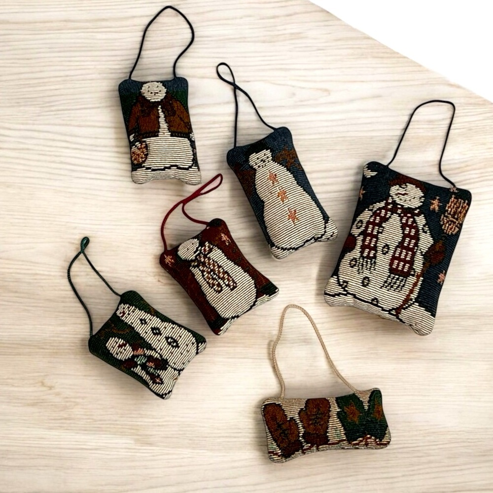 Vintage set‎ of 6 Needlework Snowmen and Mitttens stuffed ornaments